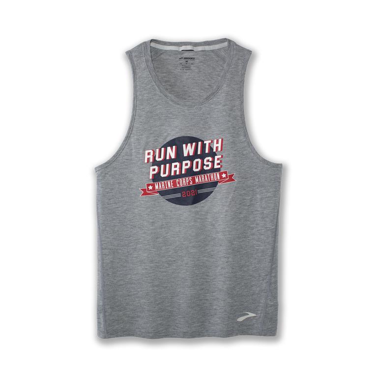 Brooks Mens Distance Graphic Running Tank Top - Heather Ash/Purpose/Grey (642870-TKA)